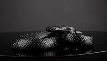 Sleek black snake coiled on a dark reflective surface, showcasing its detailed scales and serpentine beauty.