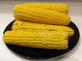 Boiled sweet corn, steamed, on a black plate, close-up.