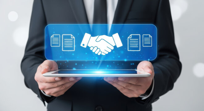 Businessman in formal suit holding tablet displaying digital handshake icon, representing partnership and agreement in modern technology-driven corporate environment