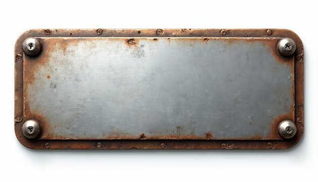 Old metal name tag plate with rivets. Vintage, rustic style plate with blank space for text or logo. Weathered, aged look. Industrial design, retro style, for branding.