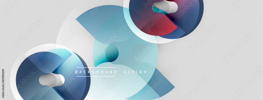 Poster abstract geometric shapes overlap, creating dynamic visual flow. blue, red hues dominate, with subtl