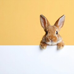 Obraz premium a cute rabbit with long ears, peering over a plain surface against yellow background. the rabbit looks curious and endearing