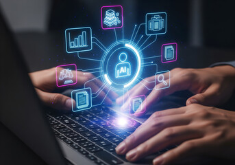 AI-Powered Workflow Hands Typing on Laptop with Holographic Interface Overlay