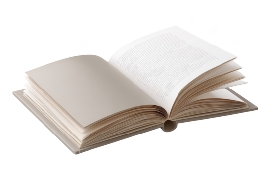 Open book, pages fanned slightly, light beige color,  isolated on black background