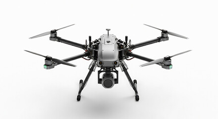 Advanced hexacopter drone with gimbal camera front view captured in studio setting