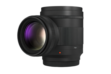 Black camera lens, tilted, with clear glass and a red light