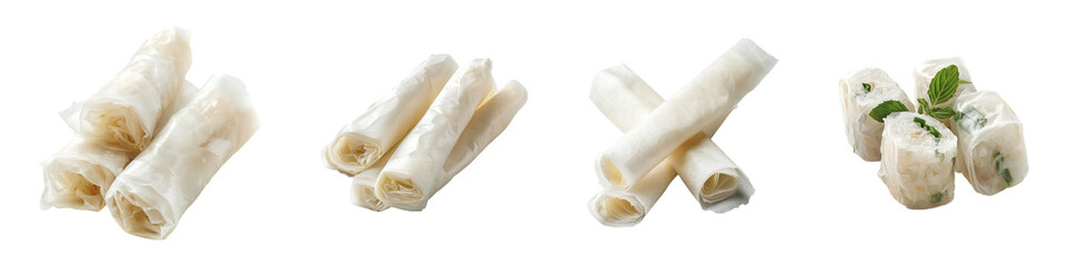 Obraz premium Assortment of fresh spring rolls in rice paper wrappers with herbs vegetables