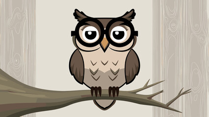 Wise Cartoon Owl with Glasses Perched on a Branch – Cute Vector Illustration