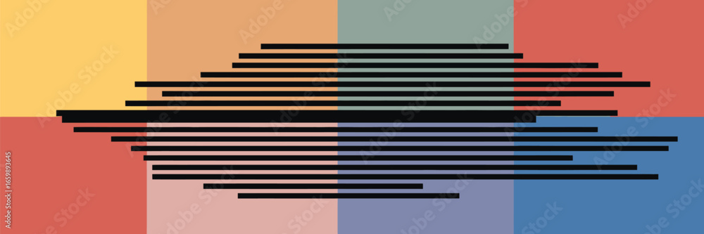 Poster abstract design featuring horizontal black lines over a multicolored square background pattern art p