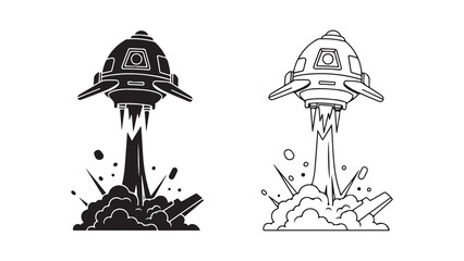 UFO spaceship taking off with smoke and debris