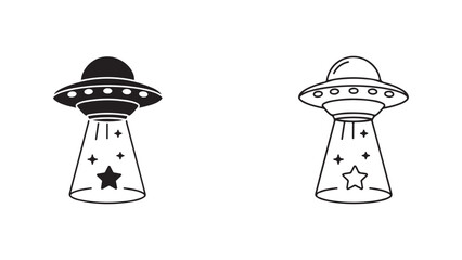 UFO icon with stars and beam, black and white