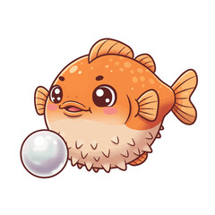 Cute cartoon pufferfish playing with a pearl.