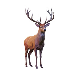Low poly illustration of a majestic red deer stag with large antlers, standing alert against a white background.