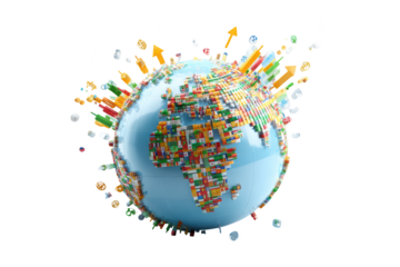 Globe with rising multi-colored arrows, representing global growth and change