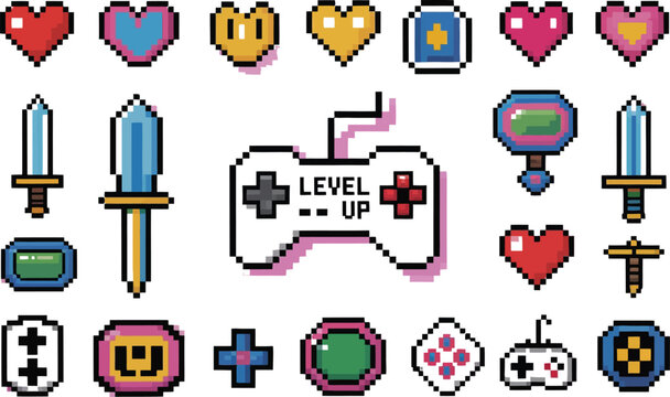 Pixel art video game icons and elements collection isolated on transparent background