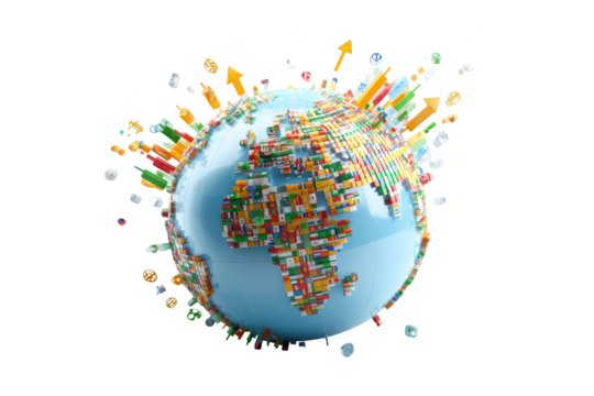 Globe with rising multi-colored arrows, representing global growth and change