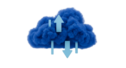 3D blue cloud with upload/download arrows, isolated on a white background.