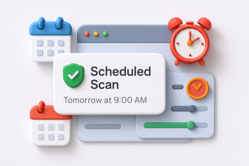 Colorful digital interface with reminders for a scheduled scan, including a clock and calendar elements.
