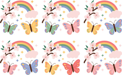 Whimsical rainbow and butterfly pattern with floral accents isolated on transparent background