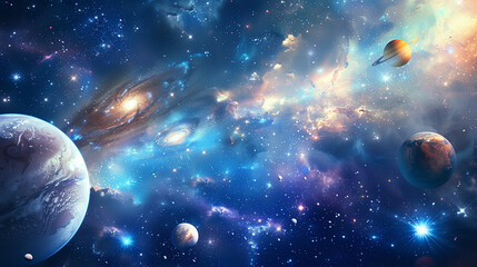 Galaxy science fiction background featuring planets set against a blue background of outer space. AI generated 