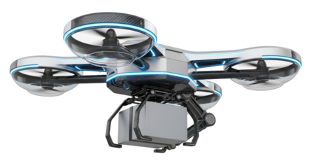 Futuristic drone carrying a package, isolated on a white background.