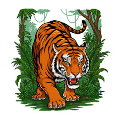 Illustration of a Bengal tiger walking through a lush green jungle with trees, vines, and dense foliage.