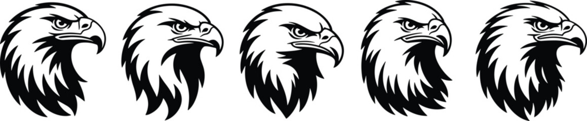 Fierce eagle head illustrations, bold graphic design, wildlife art, raptor symbolism, vector style, powerful bird, black and white, majestic creature, logo inspiration, nature emblem