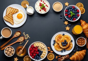 Flat Lay of a Rich and Varied Breakfast Spread, Including Pancakes, Fried Egg, Toast, Fruit, and Coffee