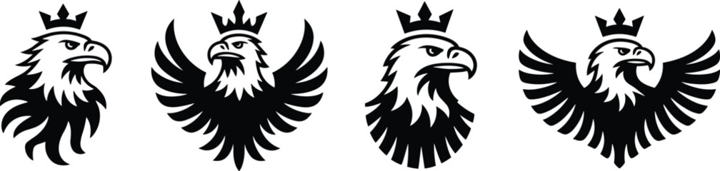 Crowned heraldic eagle emblems, royal bird symbols, coat of arms, majestic crest, vector design, powerful raptor, black and white, medieval style, noble insignia, strength icon