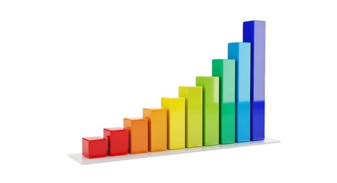 A 3D colorful bar graph showing growth, isolated on a white background.