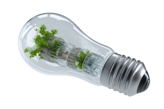 A transparent lightbulb, filled with miniature, growing plants and complex machinery, giving the impression of sustainable energy - Powered by Adobe