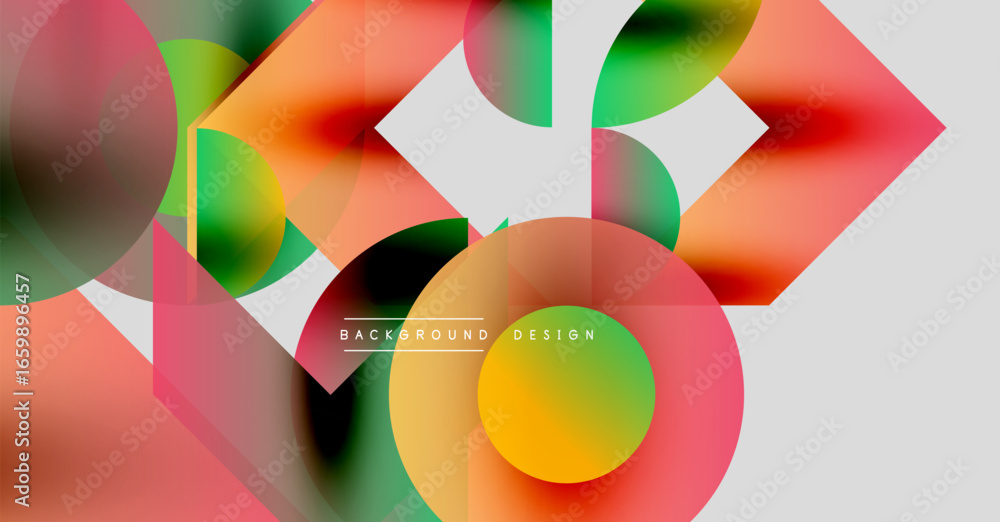 Poster abstract colorful shapes overlap, creating dynamic visual effect. gradient hues blend, forming moder