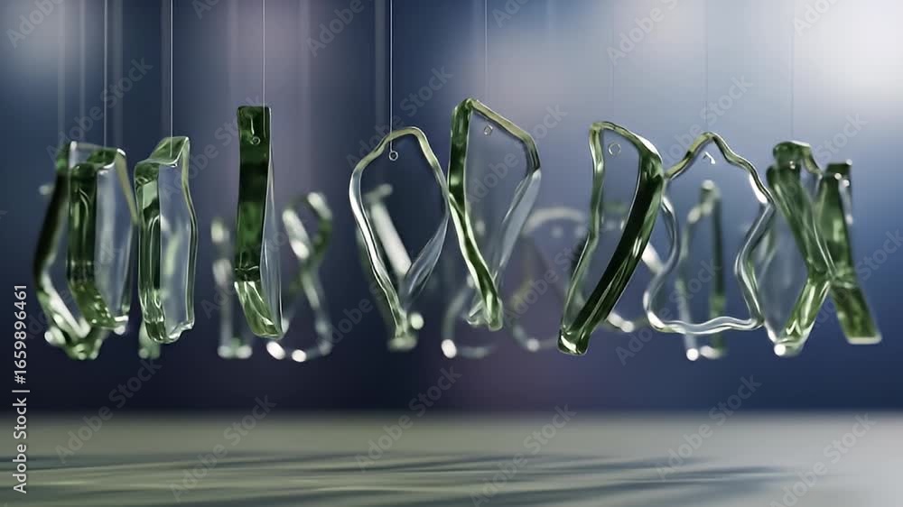 Poster abstract glass ornaments rotating smoothly on strings indoor