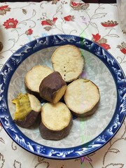 Steamed Sweet Potato Slices in Blue Patterned Bowl