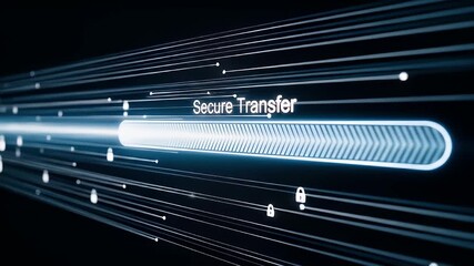 Digital Secure Transfer Process Displaying Blue Light Lines and Padlock Symbols Against Dark Backdrop - Powered by Adobe