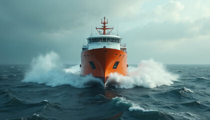 Orange vessel cuts through rough seas with powerful bow wave. This boat navigates challenging waters, showcasing maritime strength and exploration spirit. Mist and spray create dramatic atmosphere.