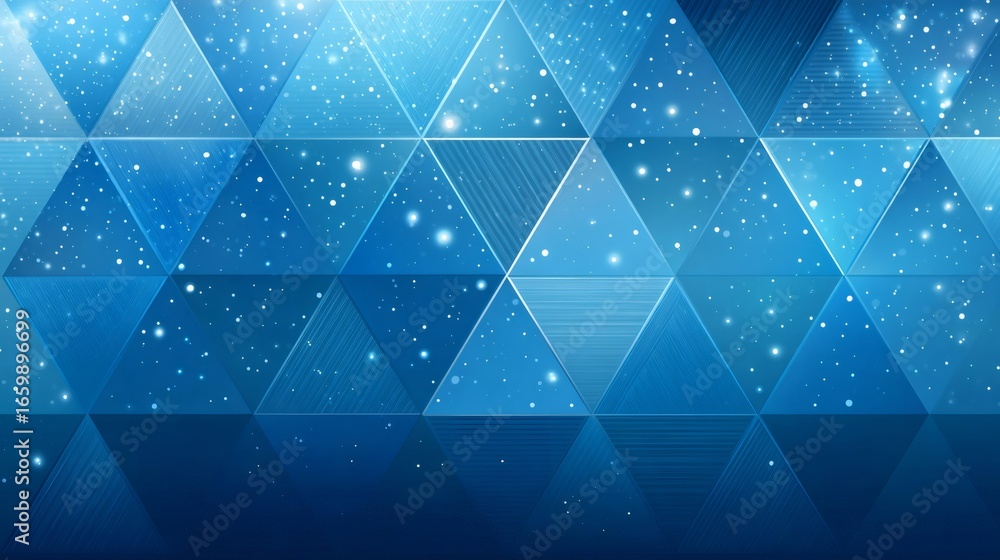 Poster blue triangular background shining with particles of light