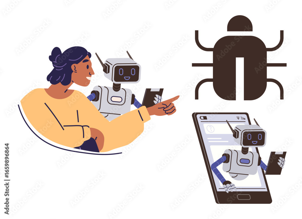 Poster woman interacting with robot assistant, app interface, and software bug. ideal for ai, coding, progr
