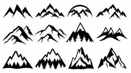 Fototapeta premium Collection of twelve stylized mountain range silhouettes in black and white vector format design graphic art