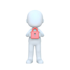Fototapeta premium faceless 3d figure holding or wearing a small pink padlock, standing neutrally, representing school, casual travel, minimal lifestyle, and everyday youth culture