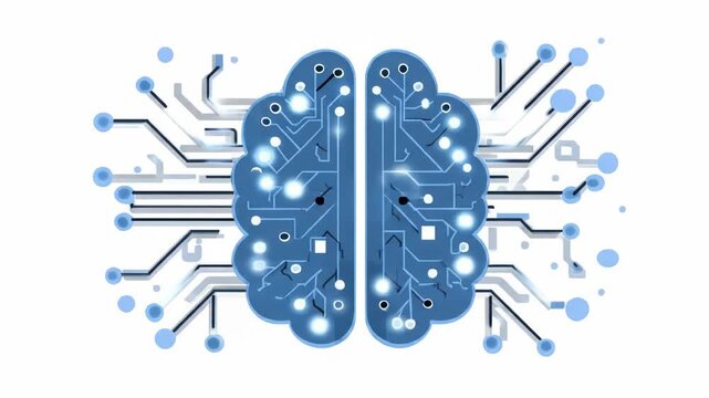 A stylized illustration depicts a brain formed from blue circuit board patterns with connecting lines and light blue node-like elements