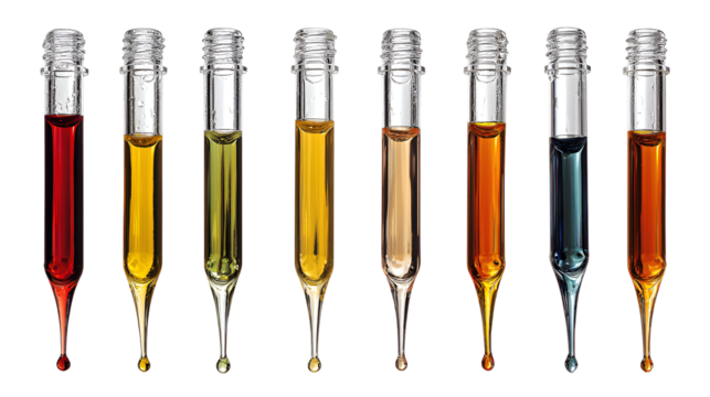Row of colorful liquid filled glass vials isolated on transparent background