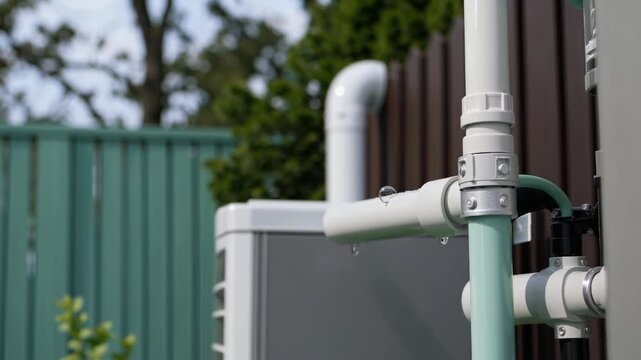 Closeup of a Modern Heat Pump Unit with Pipes and Surrounding Outdoor Elements in a Residential Setting, Showcasing Energy Efficiency Technology