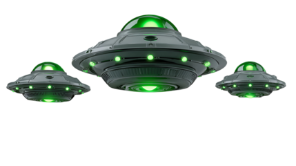 Three futuristic alien ufo spacecraft with green lights isolated on transparent background