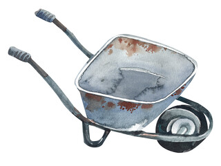 Vintage wheelbarrow .  Falll watercolor clipart. Autumn summer . Digital paper print. Hand draw illustration