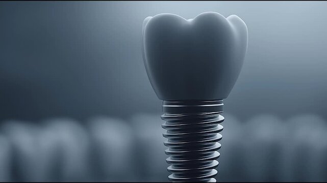 Dental implant screw with ceramic crown floating above gums in 3D illustration, modern dental prosthetic concept