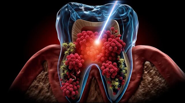 3D illustration of laser treatment targeting bacterial infection inside a decayed tooth, dental caries concept