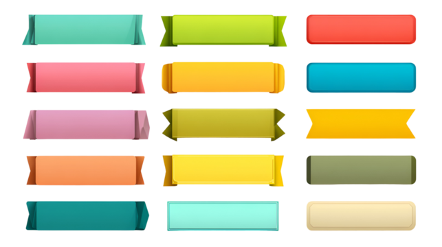 Collection of colorful rectangular buttons isolated on transparent background