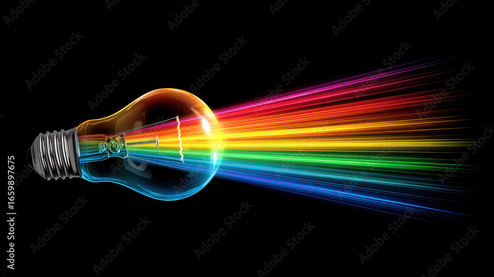 Poster light bulb emits vibrant spectrum of colors, creating stunning visual effect against black backgroun