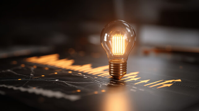 Glowing light bulb symbolizes innovation and creativity, placed on financial graph with upward trends. This captures essence of ideas illuminating business growth and success
